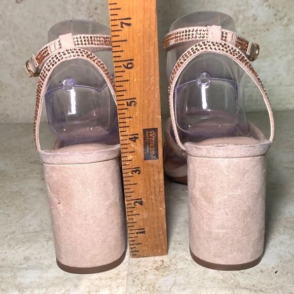 Strappy Nude Rhinestone Sandals With Block Heels Prom Wedding Party - Picture 4 of 9